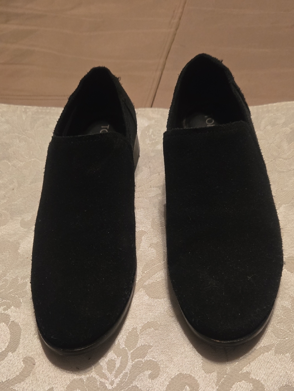 Toms black suede slip on low block heel shoes US W9 women